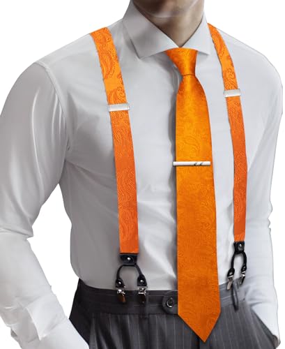 Barry.Wang Suspenders Tie Set for Men and Women Orange Paisley Y-Back Adjustable Suspender Necktie Clip Set Wedding Prom