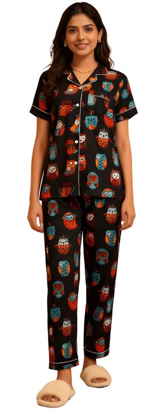 Night Suit for Women with Half Sleeve Button-Down Top with Pant Dress for Woman, Cotton Night Dress for Woman, Two-Piece Loungewear Set