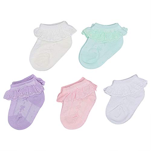 Ehdching Pack of 5 Newborn Infant Toddler Baby Girls Summer Breathable Lace Princess Eyelet Ruffles Frilly Ankle Socks (5-color2,0-12M)