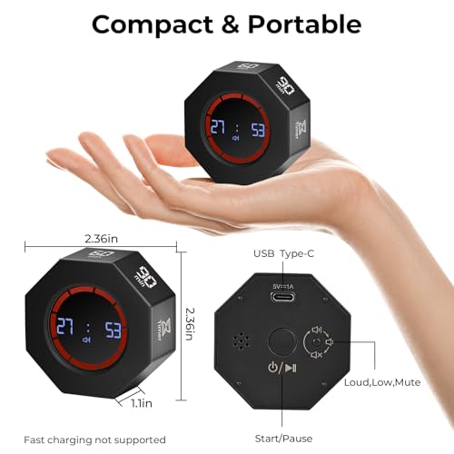 Image of Small Rechargeable Pomodoro Timer, Gravity Sensor Auto-Rotating 7 Preset Times (1 /3 /5 /15 /30 /60 /90 min) & Count Up Mode, Digital Kitchen Timers for Cooking, Work and Study (Space Gray)