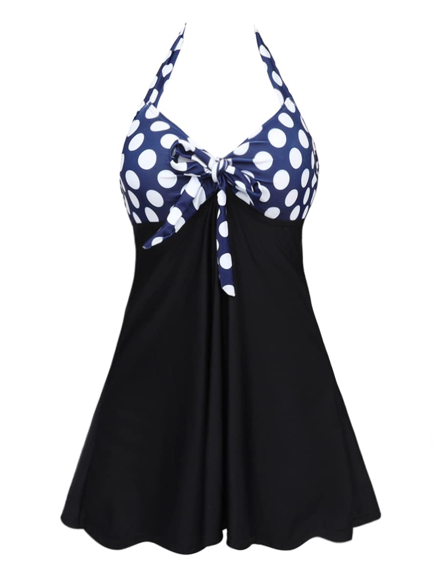 Women’s Swimsuit Halter Neck Swim Dress Retro One Piece Swimwear with Skirt