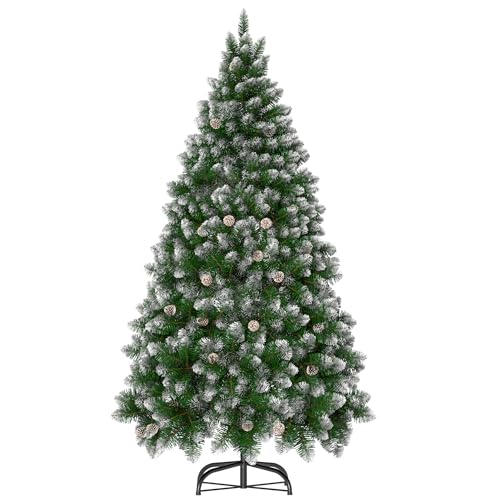 Aufun Árbol de Navidad artificial de 2,4m, PVC verde con efecto nieve y conos de pino, sistema plegable, árbol artificial con soporte de metal, árbol de Navidad ignífugo (240cm)