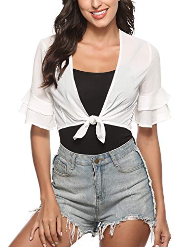 iClosam Women Sheer Shrug Tie Front 3/4 Sleeve Cropped Bolero Shrug Cardigan (White, Large)