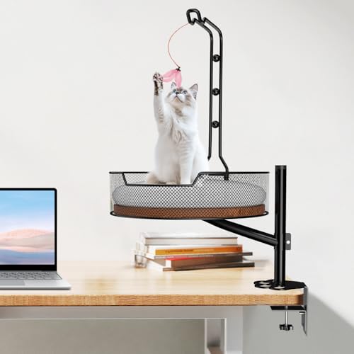 Longiteeyi Cat Desk Bed,Rotating & Adjustable, Durable Metal Pet Bed, Supports Up to 45 lbs, Removable Blanket, Modern Indoor pet Furniture for Home Office and Game Tables