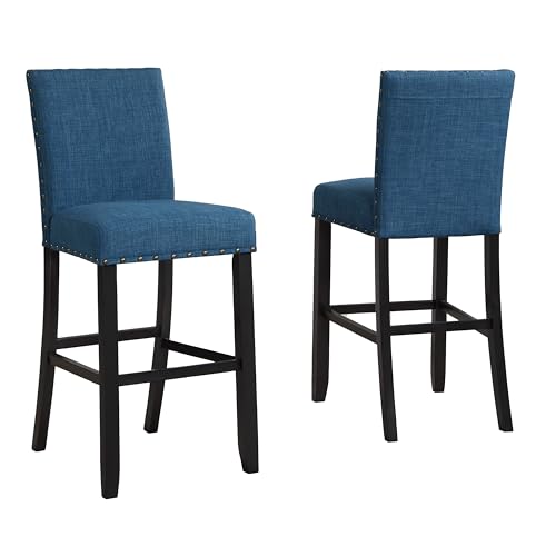 Roundhill Furniture Biony Fabric Bar Stools with Nailhead Trim (Set of 2), Blue