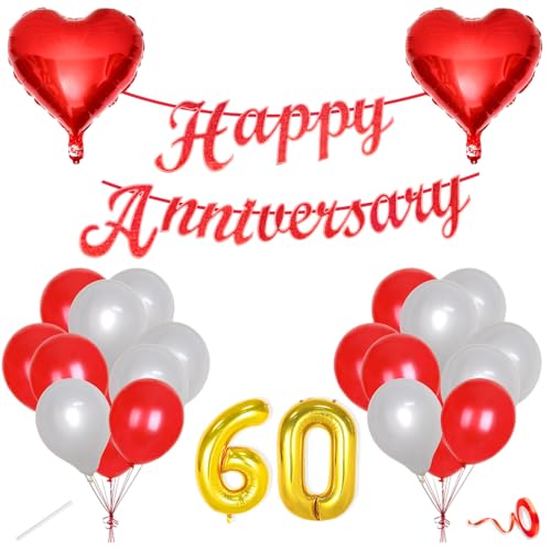 Image of Flyloons 60th Happy Anniversary Decoration Items Red White for Men Women Husband Wife Mom Dad Couple Bedroom Car With 20 Pcs Metallic Balloons Anniversary Banner 2 Pcs Heart Set Kit Diamond Jubilee