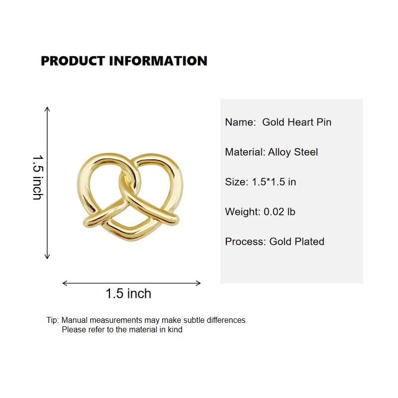 Image of Heart Brooches for Women Gold Tone Pretzel Lapel Pin Minimalist Badge Blazer Dress Jacket Sweater Decor Accessories Jewelry Gifts