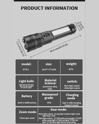 Image of DEVIL Will Cry Long Range Rechargeable Torch with 4 Modes | Center Light & 2 Side Modes | World's Brightest LED Flashlight