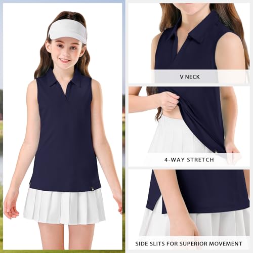 Image of Soneven Girls Sleeveless Polo Shirts Button UP Golf Tennis T-Shirts with Collared Quick Dry Tank Tops for 4-14 Years