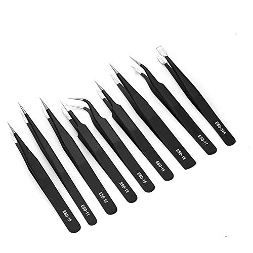 Fdrirect Pinça antiestática de aço inoxidável, 9pc/kit Pinça ESD de precisão Ferramenta profissional