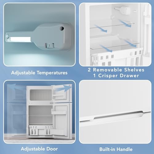 Image of Electactic Mini Fridge with Freezer, 3.2 Cu.Ft Compact Refrigerator with 2 Doors, Small Fridge with Adjustable Thermostat & Removable Glass Shelves for Bedroom, Office, Dorm, or Apartment, White