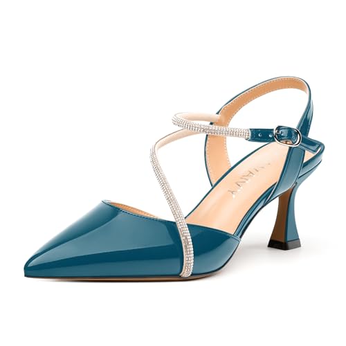 Women's Pumps, Pointed Toe Mid Heel with Buckle Ankle Strap, Fashion Solid Rhinestones Backstrap Pump for Women