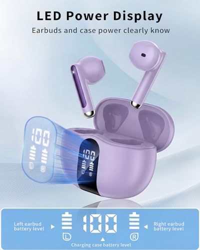Image of Wireless Earbuds, 2026 Bluetooth 5.4 Headphones Bass Stereo Ear Buds with Noise Cancelling Mic, LED Display in Ear Earphones 50H Playtime Ear Buds, IP7 Waterproof for Laptop Pad Phones Pure Purple