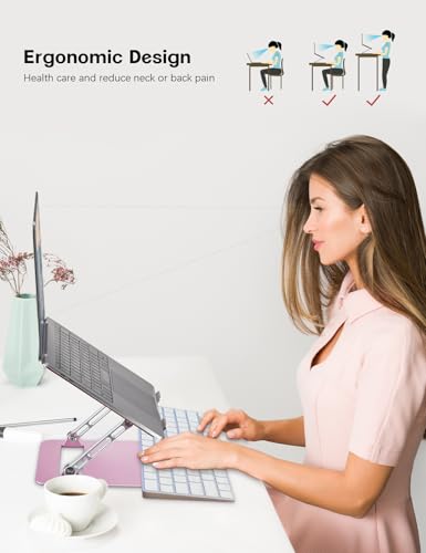 Image of Aoviho Adjustable Laptop Stand for Desk,Portable Laptop Stand Holder and Riser,Foldable Aluminum Notebook Computer Stands for MacBook Air Pro HP Lenovo Dell Samsung, 10-15.6 inch,Blush Rose Silver