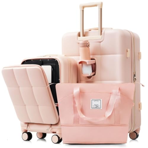 3-Piece Luggage Set, Including 20-inch Front-Loading Carry-on Suitcase, 28-inch Expandable Suitcase and Expandable Travel Bag, USB Port, ABS Material, Cup Holder, Built-in Luggage Hook, Pink