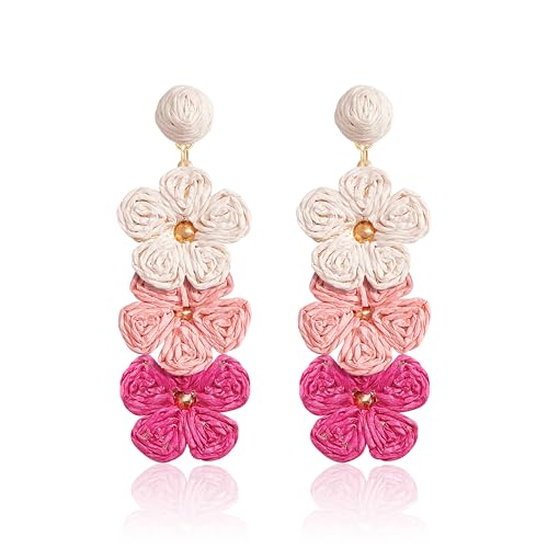 Summer Raffia Flower Earrings, Raffia Straw Wrapped Gradient Ramp Floral Statement Spring Beach Rattan Handmade Earring for Women, Boho Dangle Jewelry Gift - White/Pink/Blue