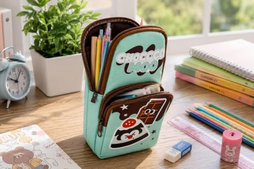 Image of WORSHIPER Double Zipper Pencil Pouch for Kids | Large Capacity Stationery Organizer | Multi-Compartment Pencil Case for School, Office & Travel | Cute Food Theme Design(Choccco moo - Pouch)