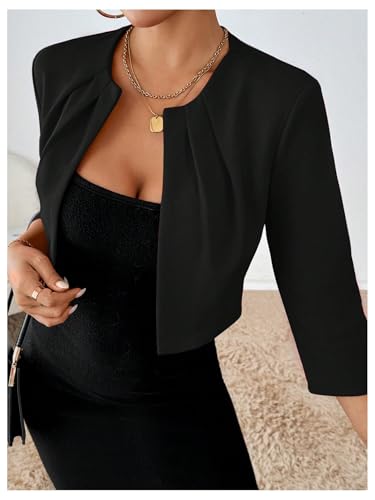 SOLY HUX Women's Blazer Jacket Open Front 3/4 Sleeve Pleated Work Office Cropped Jacket3