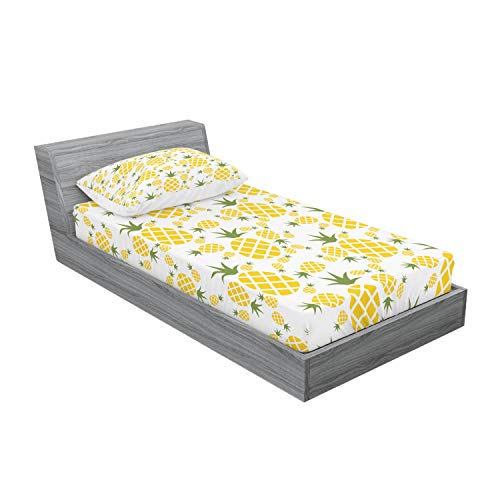 Lunarable Pineapple Fitted Sheet & Pillow Sham Set, Funny Pattern Of Simplistic Ananas Fruit Repeating Modern Minimal Print, Decorative Printed 2 Piece Bedding Decor Set, Twin, Olive Green Mustard #TOP1