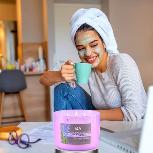 Sage Lavender Scented Candle 3 Wick | Aromatherapy Relaxing & Energy Cleansing Candle With Cedarwood, Clove & Eucalyptus 15.8 Oz | Sage Candles For Cleansing House | Large Natural Soy Candles For Home #TOP6