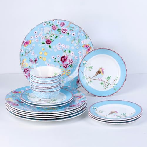 Image of GOLDEN QUEEN'S Handcrafted 12 Pieces Dinner Set | 4 Dinner Plates, 4 Small Bowls & 4 Side Plates | Perfect for Hosting Guests and Daily Meals - Birdie in Pink Dinnerware - Blue Birdie Dinnerware