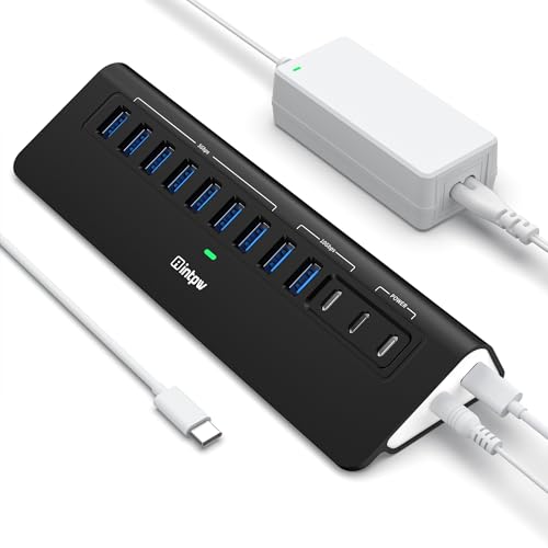 Image of Powered USB Hub 10Gbps, intpw YH9AC 12-Port USB C Hub with 10Gbps USB C 3.2, 2 USB A 3.2, 7 USB 3.0, 2 PD 45W Charging Port, 65W Power Adapter + 3.3FT Cable, Aluminum USB Hub for Laptop /iPhone16 /15 /PC