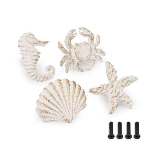 Image of Coastal Ocean Starfish Seashell Crab Drawer Pulls Nautical Sea Horse Door Handles Cast Iron Knobs for Cabinets Dresser 4 Pcs (White)