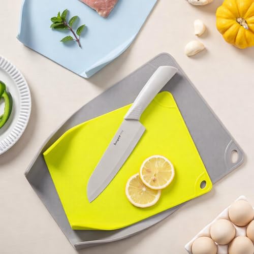 Image of Yelona Plastic Chopping Board Set of 3 with Curved Pour Edges | Food Grade, BPA-Free, Cutting Boards | Anti-Slip Durable Kitchen Boards for Vegetables & Fruits - Multicolour