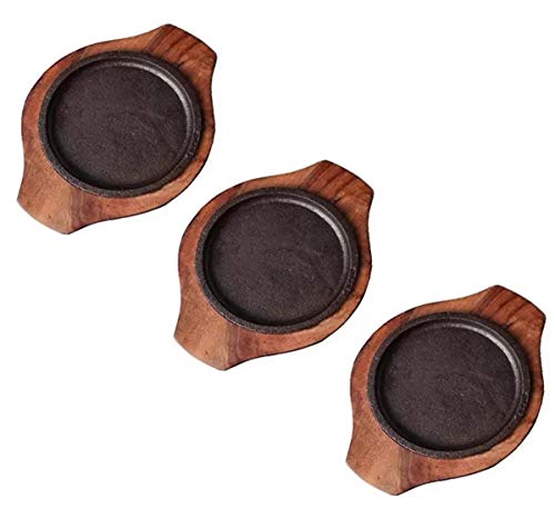 Image of HAINE Small Dessert Serving Plate Brownie Sizzler Tray with Wooden Base, 5 inch (3 Piece)