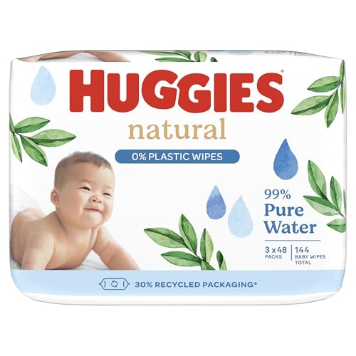 Huggies Toallitas húmedas naturales biodegradables, sensibles, 3 x 48 toallitas húmedas para bebés, paquete grande