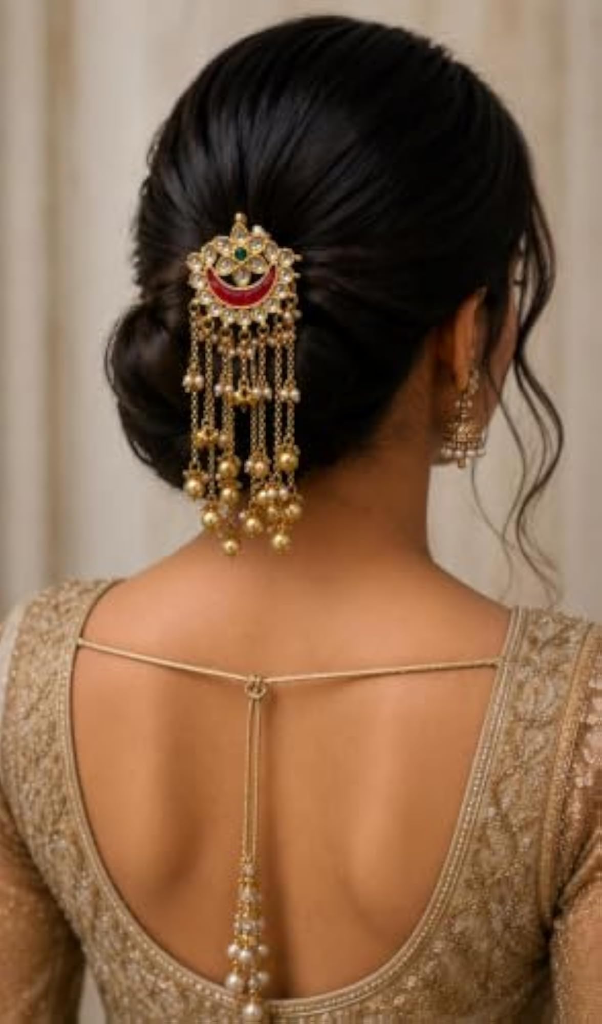Traditional Indian Bridal Hair Brooch with Pearl Chain
