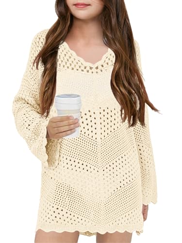 Image of Girl Cover Up Crochet Swimwear V Neck Knit Long Sleeves Summer Beachwear Cover Tops
