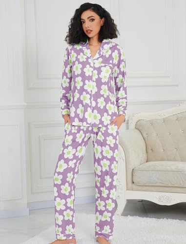 Image of SWOMOG Womens Pajamas Set Long Sleeve Sleepwear Button Down Nightwear Soft Cotton Pj Lounge Sets
