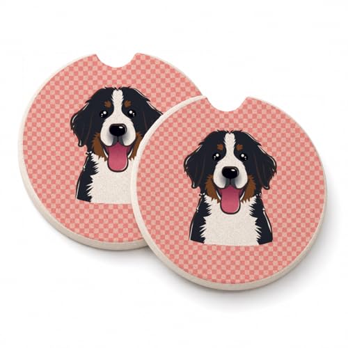 Caroline's Treasures BB1237CARC Checkerboard Pink Bernese Mountain Dog Set of 2 Cup Holder Car Coasters Absorbent Sandstone Coasters for Car Cup Holders Gifts for Men or Women, Large, Multicolor