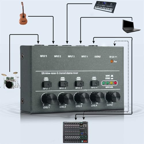 Orivin 4-Kanal-Mini-5-V-Ultrakompakter geräuscharmer Line-Mixer, geeignet für Mikrofone, Gitarren, Keyboards, Mobiltelefone usw.