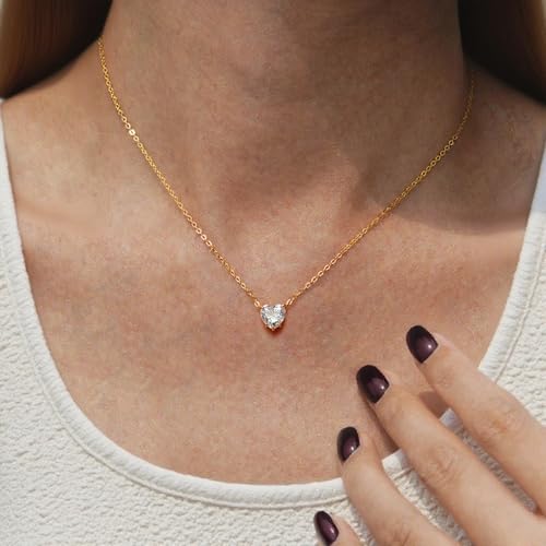 14K Gold Plated Sterling Silver Heart Necklace, Cubic Zirconia with Adjustable 16-17 Inch Chain for Women, Handmade Jewelry Gift for Women2
