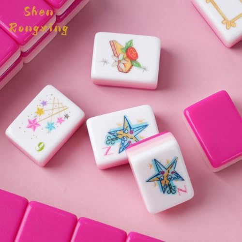 Shen Rongxing Pink Mahjong Set with Carrying Case, 144 Premium Engraved Mahjong Tiles, Portable Travel Set for Family Game Night, Birthday - 5