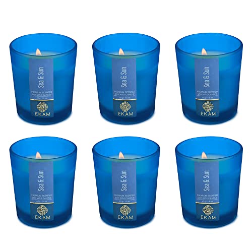 Image of EKAM Sea & Sun Votive Soy Wax Scented Candle, 40 Grams, 10 Hours Burn Time| Long Lasting Premium Candles | Ideal for Home Decor | Gifting & Aromatherapy (Pack of 6)