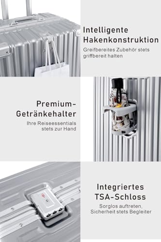 yuweijie Alu-Rahmen Handgepäck Koffer mit 4 Rollen · Hartschalen in 100% PC mit Getränkehalter · Reisekoffer TSA Schloss · Trolley für Geschäftsreisen · Silber · S-55cm