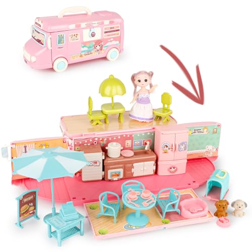 deAO 2 en 1 Casita de Muñecas Plegable y Caravana Juguete 2 años, Minimuñecas con Cocina, la terraza, sala de estar, Muebles, Mascotas, y Otros Accesorios, Dollhouse para niños