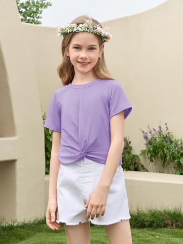 Image of Haloumoning Girls Short Sleeve T Shirts Kids Summer Twist Front Crop Tops Fashion Tees 5-14 Years