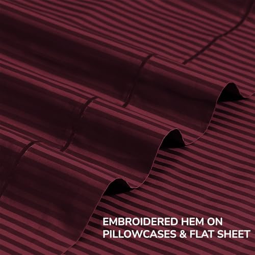 Image of Feather & Stitch 500 TC Split King Size Sheet Set, 5 Piece Sheets Set-2 Twin Fitted Sheet, 1 King Flat Sheet & 2 King Pillowcases, 18 inch Deep Pockets Sateen Weave Striped Bedsheet - (Burgundy Stripe)