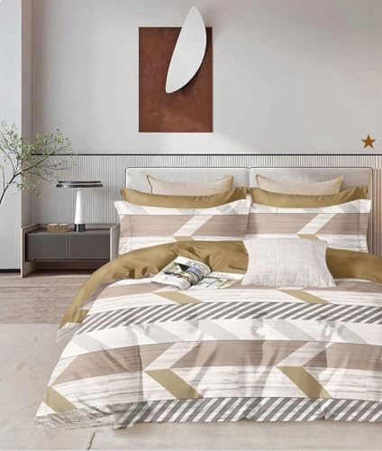 Image of Bedding Set Combo of Double Bed Duvet Cover Set with Fitted Bedsheet & 2 Pillow Covers | 300 TC Cotton Fabric | Zipper Closure |All Round Elastic|Warm Stuff|SED 036|Beige Zigzag | Breathable material