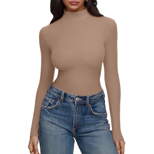 Image of REORIA Women's Turtleneck Tops Slim Basic Mock Neck Long Sleeve Shirts 2025 Fall Winter Layering Outfits