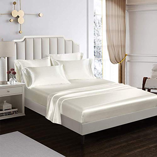 Aimay 6 Piece Satin Bed Sheet Set Deep Pocket Luxury Rich Silk Silky Super Soft Solid Color Reversible Stain-Resistant Wrinkle Free (King,Off White) #TOP3