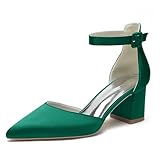 HFWXYSA Mujer Zapatos De Boda Tacón Ancho Bajo Satén Tiras Al Tobillo Zapatos de la Cort Punta Cerrada Zapatos De Novia,Verde,42 EU