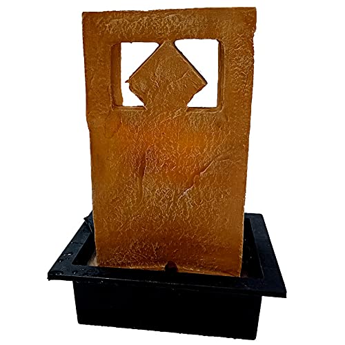 Image of Polyresin Golden Brown Designer Table Top Indoor Rock Finish Waterfall Fountain with Yellow LED Lights, Speed Controller Pump & Crystal Ball (Size: 40.5 x 29.5 x 22CM | Weight: 2240grm)
