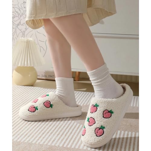 Cute Fruit Peach Pattern Slippers Warm Cozy Soft Fuzzy Fluffy Furry for Home Comfort Fall/Winter Holiday Season Indoor Warmth for Women (7.5)3