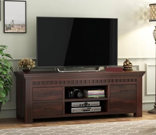 Image of Solid Wood TV Unit for Living Room 55 Inch Furniture - Wooden TV Unit with Storage Cabinet with 2 Drawr, 3 Shelves Wooden TV Cabinet for Living Room - Fits up to 55-Inch TV (Andrew)