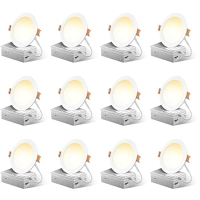 12 Pack 4 Inch 5CCT Ultra-Thin LED Recessed Ceiling Light with Junction Box, 2700K/3000K/3500K/4000K/5000K Selectable, 700LM Brightness, Dimmable Canless Wafer Downlight, 10WEqv90W, ETL&FCC